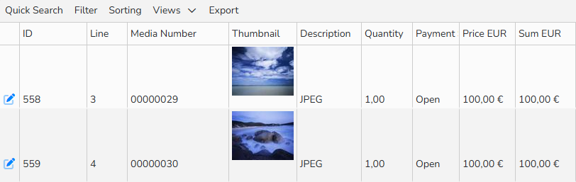 Screenshot of an invoice items table with thumbnails; thumbnail images fit the table cells.