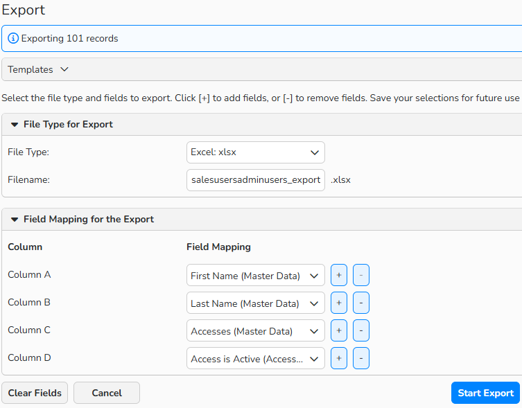 Screenshot of a table data export dialog. Navigation elements to define export settings and select available database fields for export are shown.