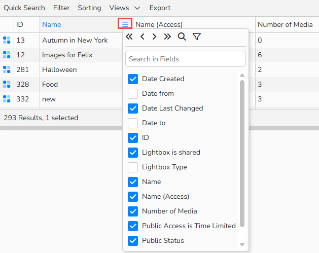 Screenshot of a table's context menu. Context menu icon is highlighted; Table context menu open, showing options to manage fields and reorder columns.