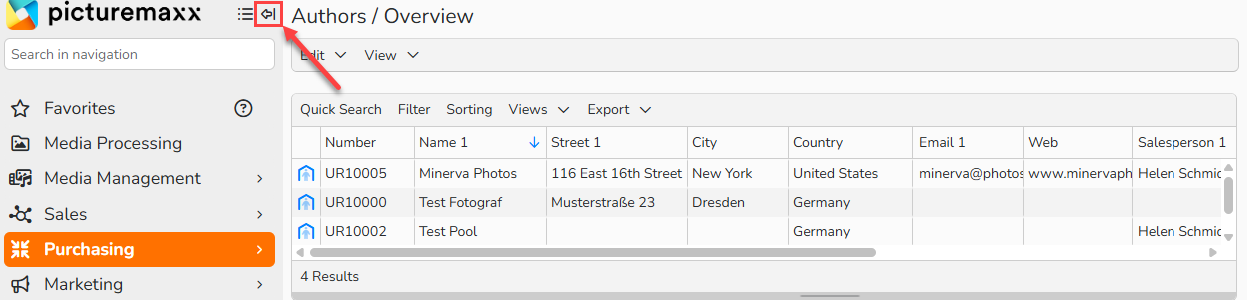 Screenshot of a Backstage window showing the Arrow icon to hide the left navigation menu.