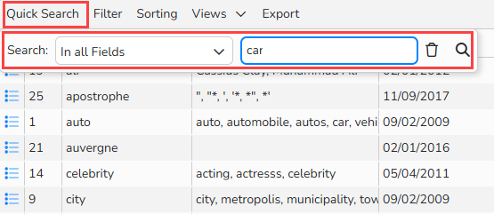 Screenshot showing a Quick Search box used to filter table data.