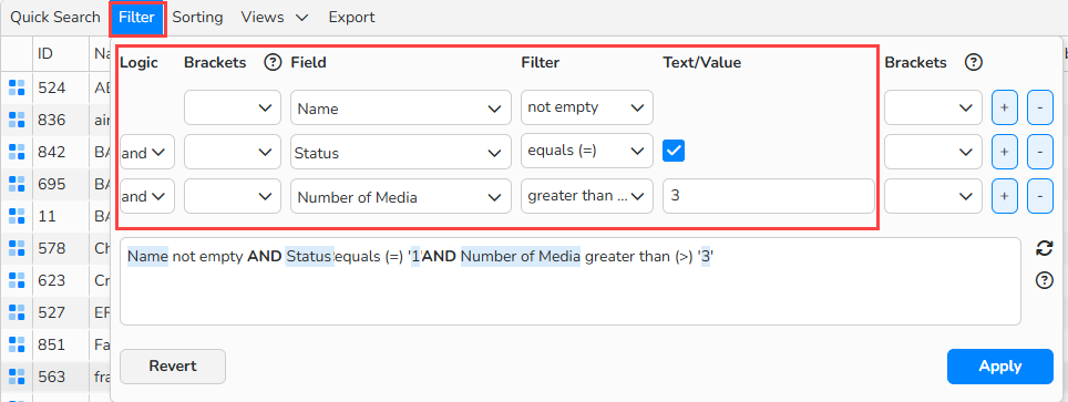 Screenshot showing Filter configuration with multiple conditions to narrow down search results in table data.