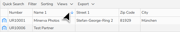 Screenshot of table view with sortable columns; a column header is highlighted.