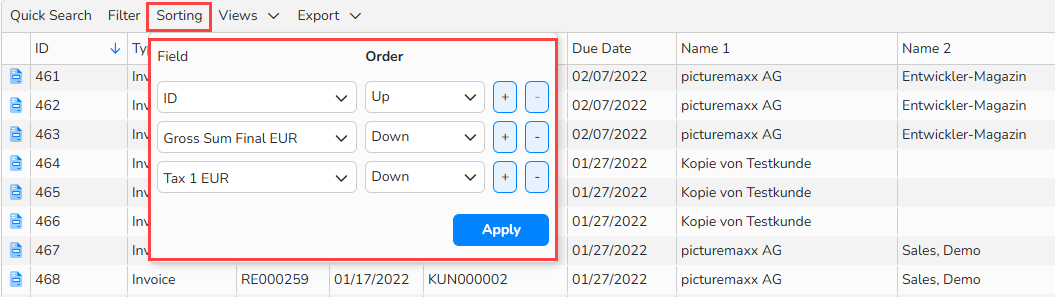Screenshot of the Sorting menu used to sort a table by multiple parameters.