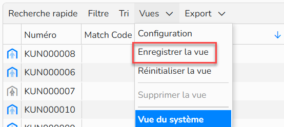 Capture d'écran du menu Enregistrer la vue
