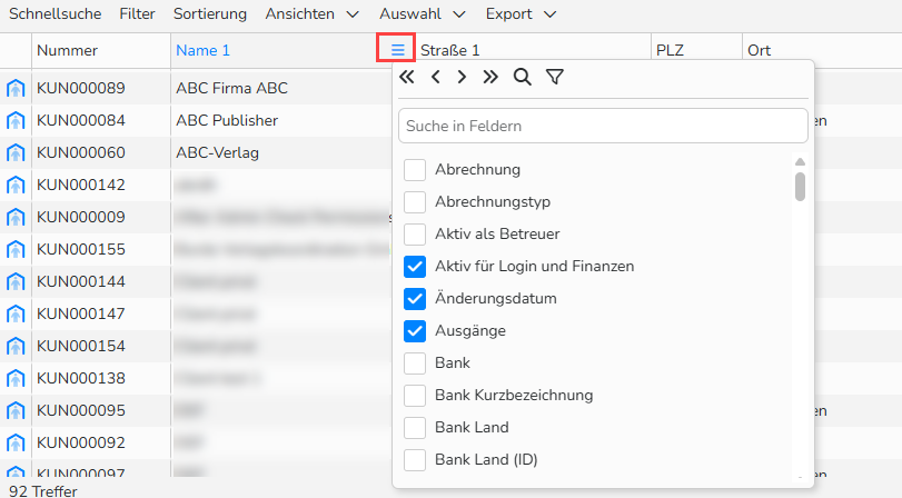 Screenshot des Kontextmenüs einer Tabelle. Das Kontextmenü‑Symbol ist hervorgehoben; das Tabellen‑Kontextmenü ist geöffnet und zeigt Optionen zum Verwalten von Feldern und zum Neuanordnen von Spalten.