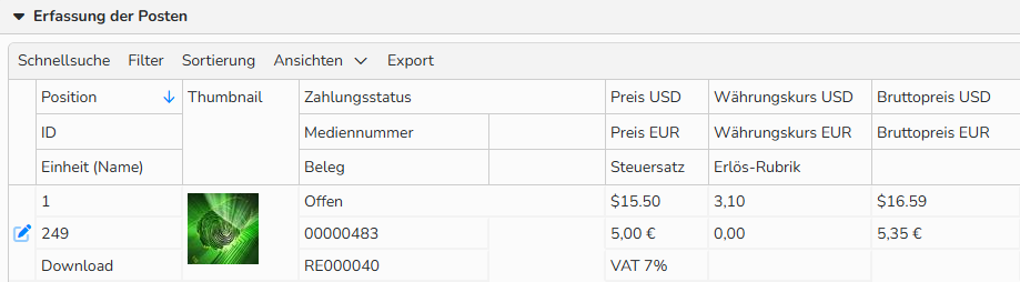 Screenshot der Tabellenansicht einer Rechnung mit einem benutzerdefinierten mehrzeiligen Layout.