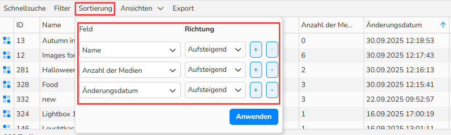Screenshot des Sortiermenüs, mit dem eine Tabelle nach mehreren Parametern sortiert werden kann.