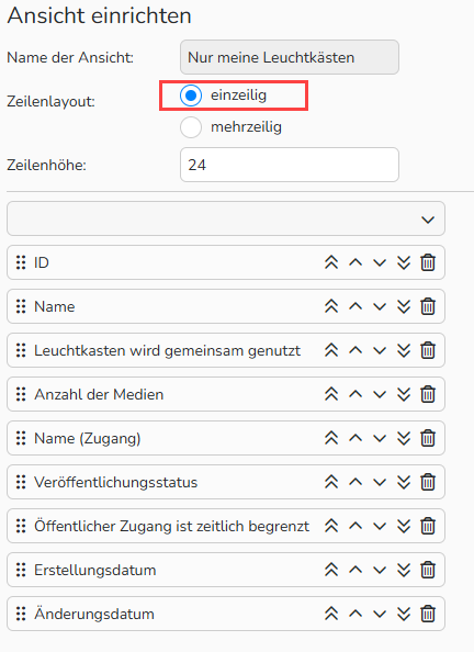 Screenshot des Dialogfelds „Tabellenansicht konfigurieren“. Die Navigationselemente zum Konfigurieren eines Tabellenlayouts mit einer einzigen Zeile sind hervorgehoben.