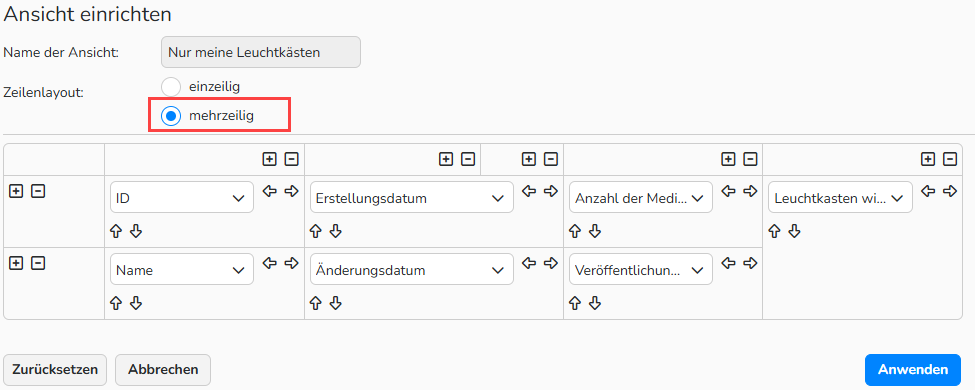 Screenshot des Dialogfelds „Tabellenansicht konfigurieren“. Die Navigationselemente zum Konfigurieren eines mehrzeiligen Tabellenlayouts sind hervorgehoben.