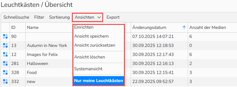 Screenshot des Menüs „Ansichten“ für eine Tabelle. Die Navigationselemente zum Anzeigen, Konfigurieren, Zurücksetzen, Löschen und Speichern eines Tabellenlayouts sind hervorgehoben.