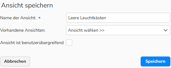 Screenshot des Dialogfelds „Ansicht speichern“ zum Wiederverwenden von Tabellenlayouts und Filtern. Es werden Navigationselemente zum Erstellen und Speichern eines Tabellenlayouts sowie zum Aktivieren der Freigabe angezeigt.
