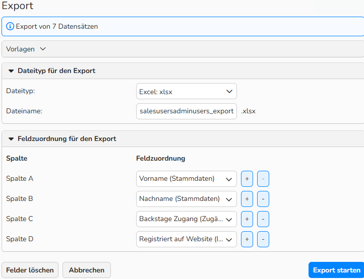 Screenshot eines Dialogfelds zum Exportieren von Tabellendaten. Es werden Navigationselemente zum Festlegen der Exporteinstellungen und zum Auswählen der für den Export verfügbaren Datenbankfelder angezeigt.