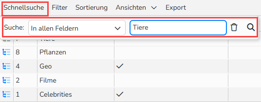 Screenshot, der ein Schnellsuchfeld zum Filtern von Tabellendaten zeigt.