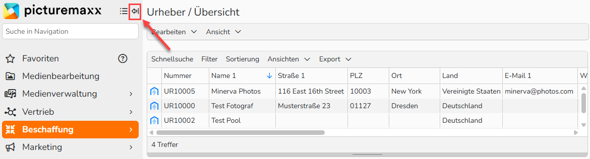 Screenshot eines Backstage-Fensters mit dem Pfeilsymbol zum Ausblenden des linken Navigationsmenüs.
