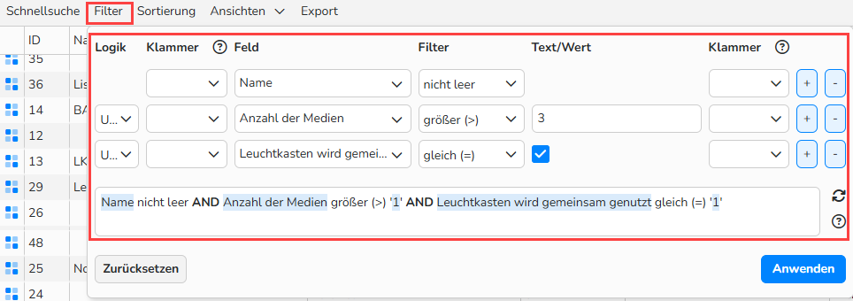 Screenshot, der die Filterkonfiguration mit mehreren Bedingungen zur Eingrenzung der Suchergebnisse in Tabellendaten zeigt.