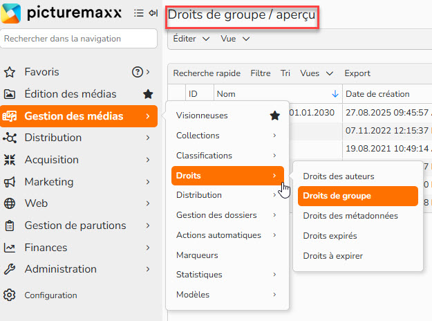 Capture d'écran mettant en évidence les droits de groupe