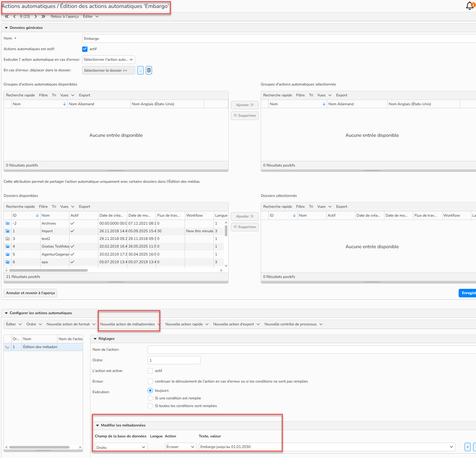 Capture d'écran montrant la mise en place d'actions automatiques pour configurer des droits