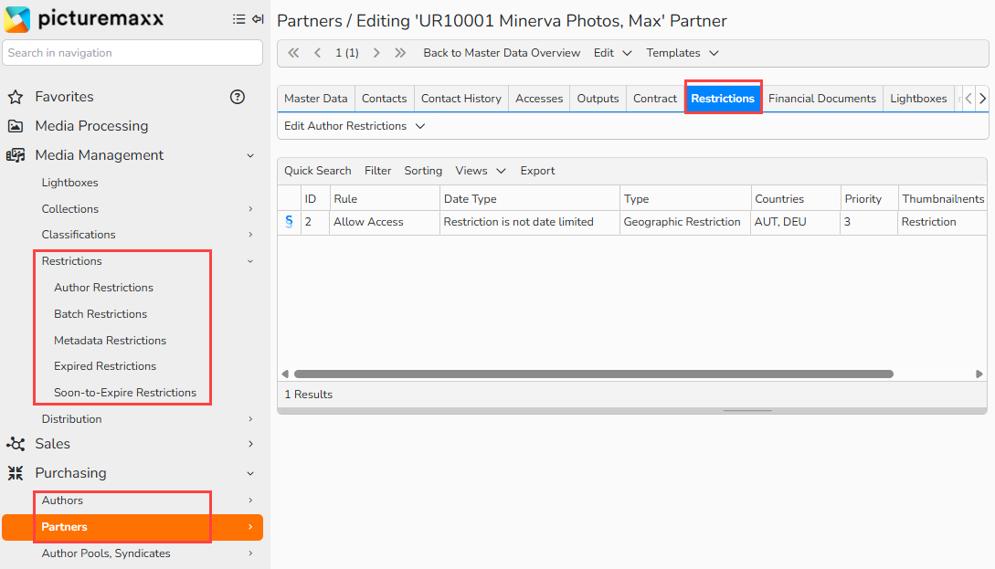 A screenshot of the Purchasing Partner setup window showing the Restrictions tab. Navigation elements to access available restrictions are highlighted.