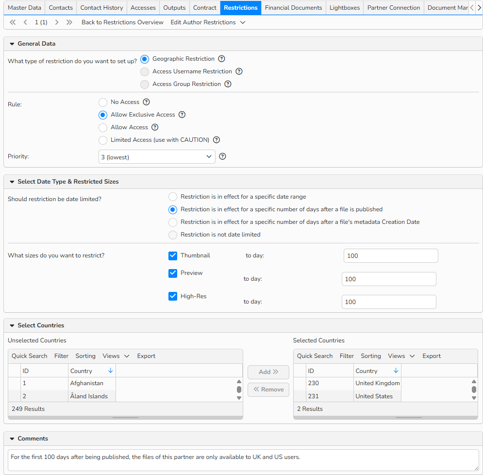 A screenshot of a Partner/Author restrictions setup window showing the Restrictions tab.UI elements to support applying geographic restriction are shown.