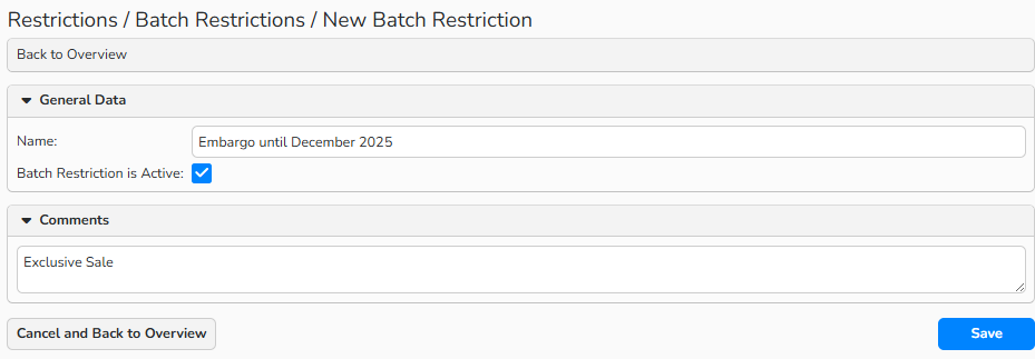 A screenshot of a batch restriction setup window. UI elements to name and activate a restriction are shown.