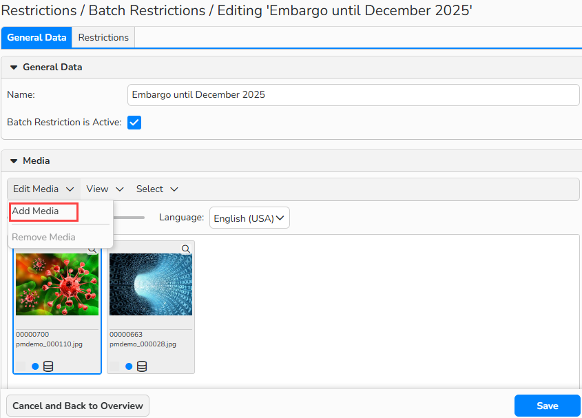 A screenshot of a batch restriction setup window. UI elements to add media to the restriction are shown.