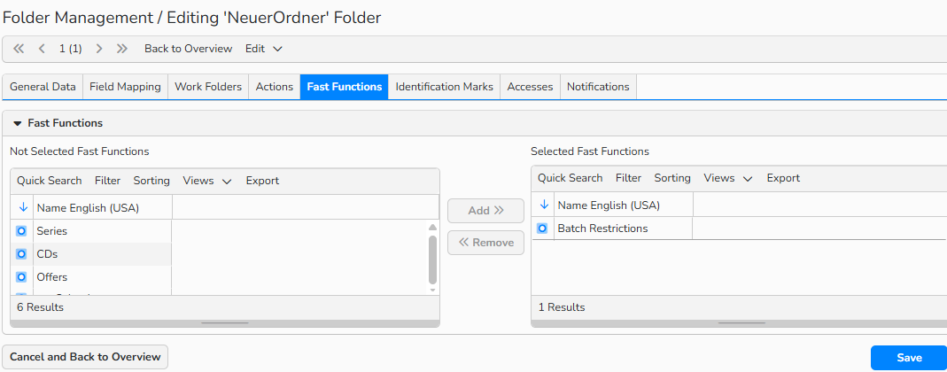 A screenshot of folder management window showing the Fast Functions tab. UI elements to enable Batch Restrictions option within the Fast Functions menu of the folder are shown.