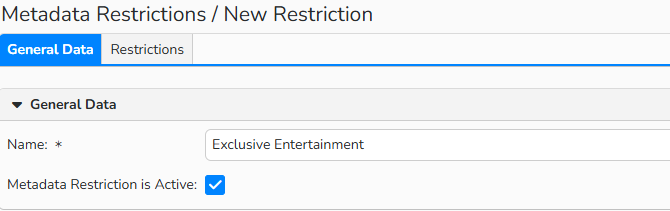 A screenshot of a Metadata restriction setup window. UI elements to name and activate metadata restriction are shown.
