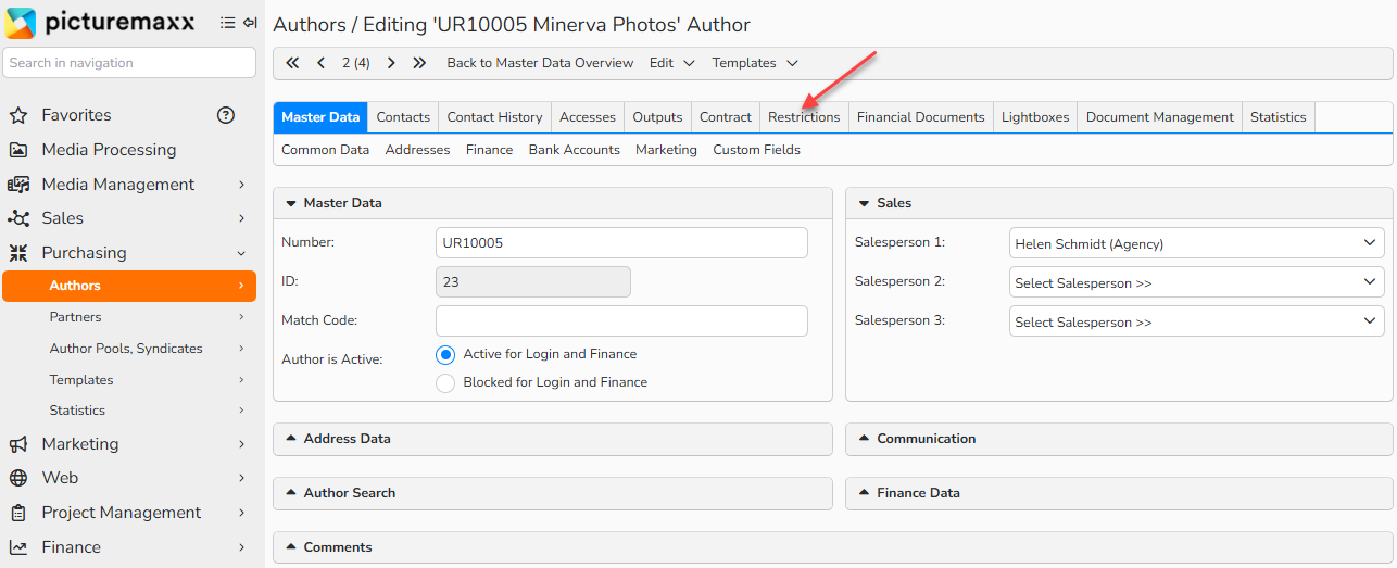 A screenshot of Author master data showing the Restrictions tab. Navigation elements to access Authors in the Purchasing module are highlighted.