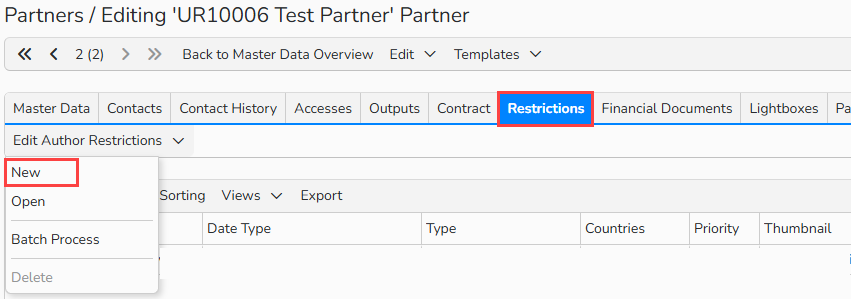 en_image_8 A screenshot of a Purchasing Partner setup window showing the Restrictions tab. Navigation elements to create a new partner or Author restriction are shown.