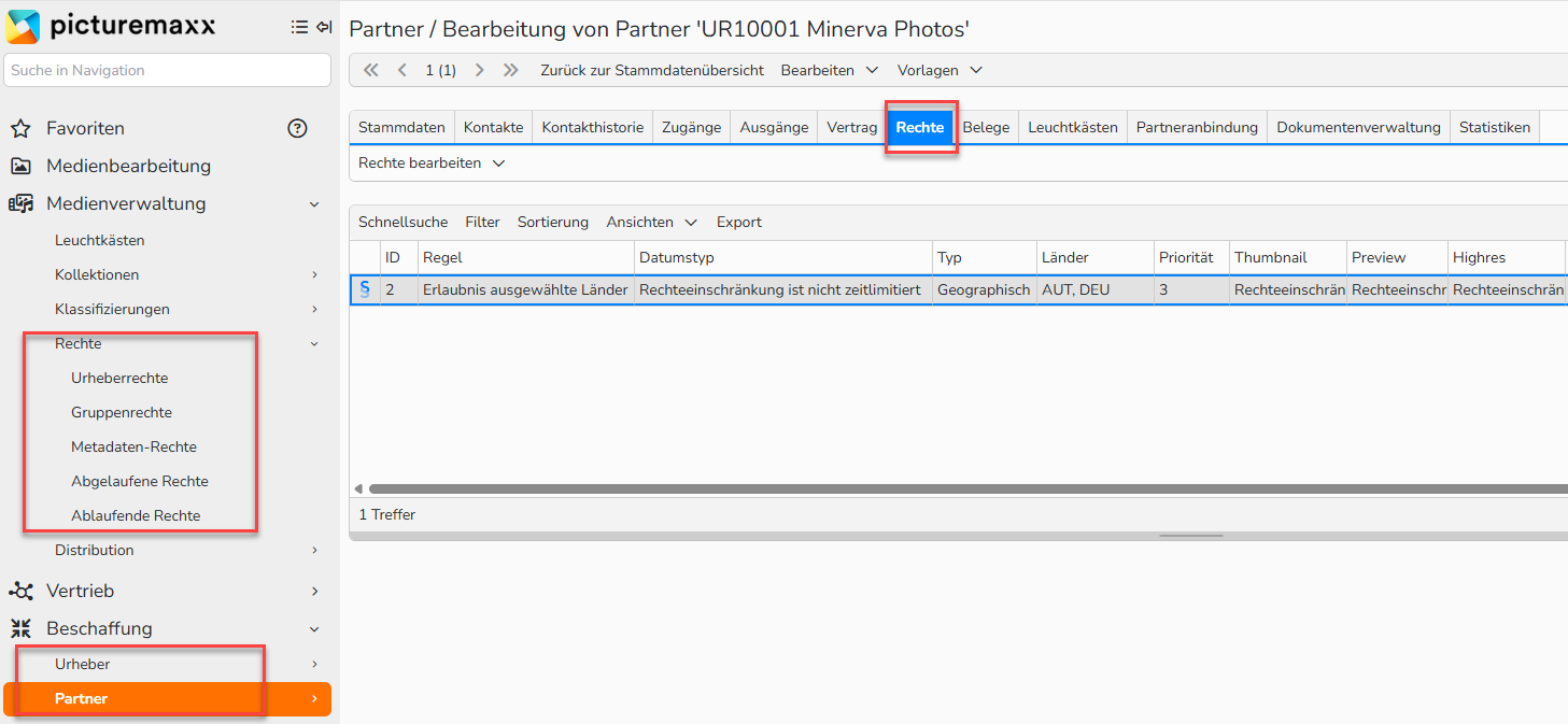 Ein Screenshot des Fensters „Partner der Beschaffung einrichten“ zeigt den Tab „Rechte“. Die Navigationselemente für den Zugriff auf die verfügbaren Einschränkungen sind hervorgehoben.