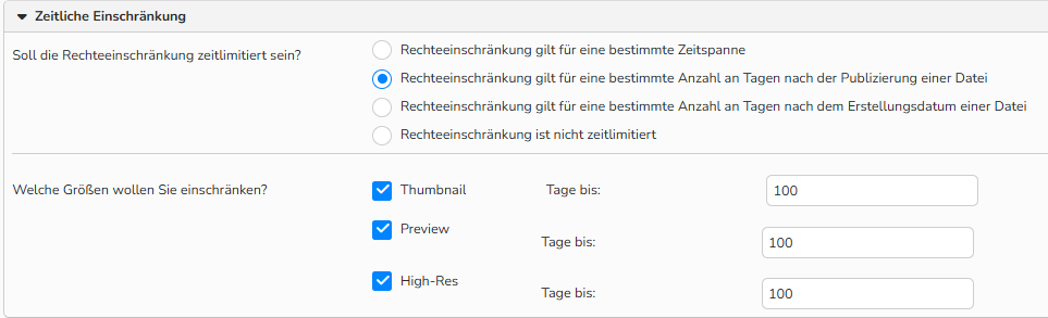 Ein Screenshot des Einstellungsfensters für Partner-/Urheberrechte, in dem Optionen zum Anwenden eines zeitlichen Rechtes angezeigt werden.