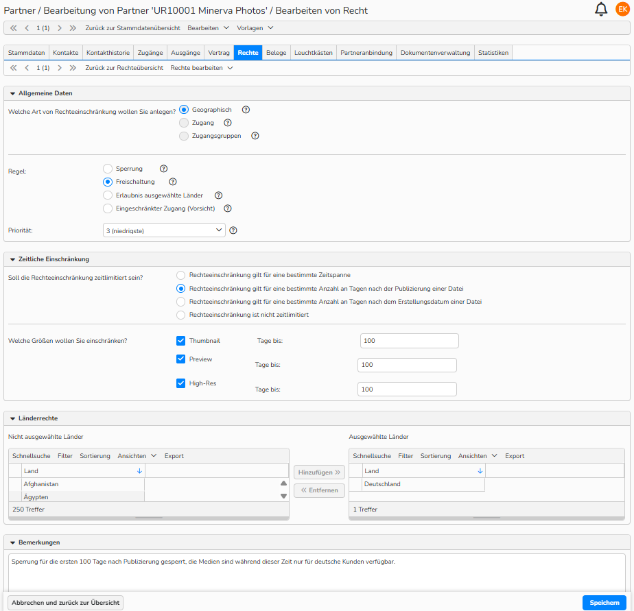 Ein Screenshot des Einstellungsfensters für Partner-/Urheberrechte, in dem Optionen zum Einstellen eines geographischen Rechtes angezeigt werden.