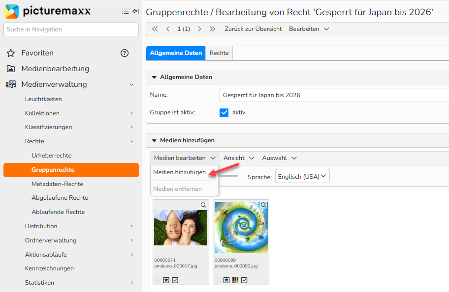 Ein Screenshot eines Fensters zur Einrichtung von Gruppenrechten. Es werden UI-Elemente zum Hinzufügen von Medien zu diesem Recht angezeigt.