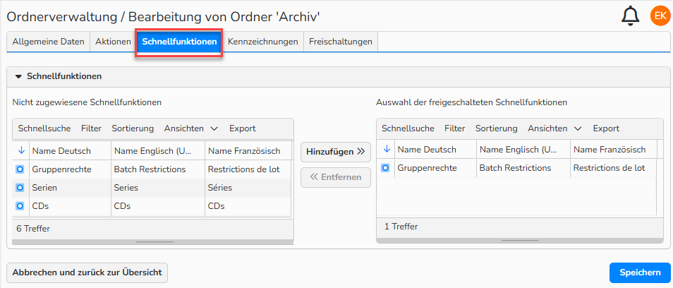 Ein Screenshot des Fenster zur Bearbeitung eines Ordners in der Ordnerverwaltung. Es werden UI-Elemente angezeigt, mit denen „Gruppenrechte“ im Menü „Schnellfunktionen“ des Ordners aktiviert werden können.
