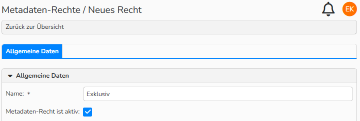 Ein Screenshot des Fensters zur Einrichtung von Metadaten-Rechten. Es werden UI-Elemente zum Benennen und Aktivieren von Metadaten-Rechten angezeigt.