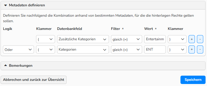 Ein Screenshot eines Fensters zur Einrichtung von Metadatenbeschränkungen. UI-Elemente zur Unterstützung der Definition der Metadaten, für die das Recht gelten soll.