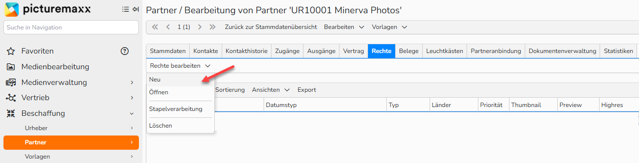 Ein Screenshot des Einrichtungsfensters für Einkaufspartner (Lieferanten) mit der Registerkarte „Rechte“. Es werden Navigationselemente zum Erstellen eines neuen Rechtes für Partner oder Urheber angezeigt.