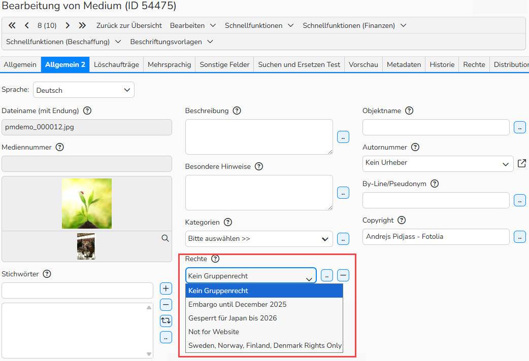 Ein Screenshot des Menüs Rechte im Tab Metadaten-Eingabe in einem Medienverarbeitungsordner, der eine Dropdown-Liste der für den Ordner aktivierten verfügbaren Rechte zeigt.