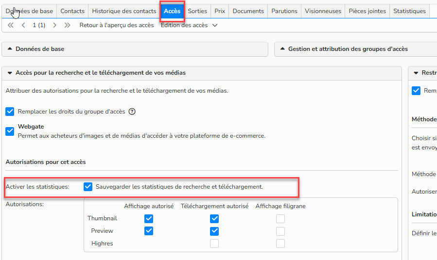 Capture d'écran mettant en évidence la case à cocher Activer les statistiques dans l'onglet Accès des données de base