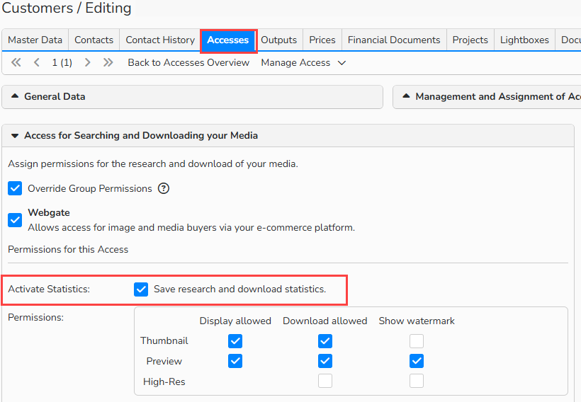 Screenshot of user access setup showing the Statistics feature enabled in the Accesses tab.