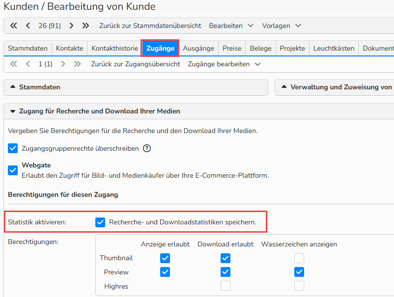 Screenshot der Kundenzugang-Einrichtung mit aktivierter Statistikfunktion im Tab