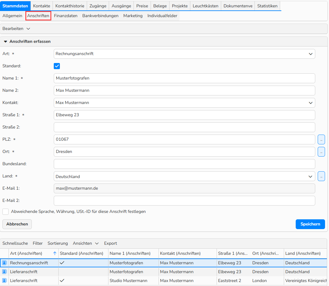 Screenshot eines Stammdatensatzes mit dem Sub-Tab „Anschriften“. Es werden UI-Elemente zum Eingeben und Anzeigen der Lieferanschrift und Rechnungsanschrift angezeigt.