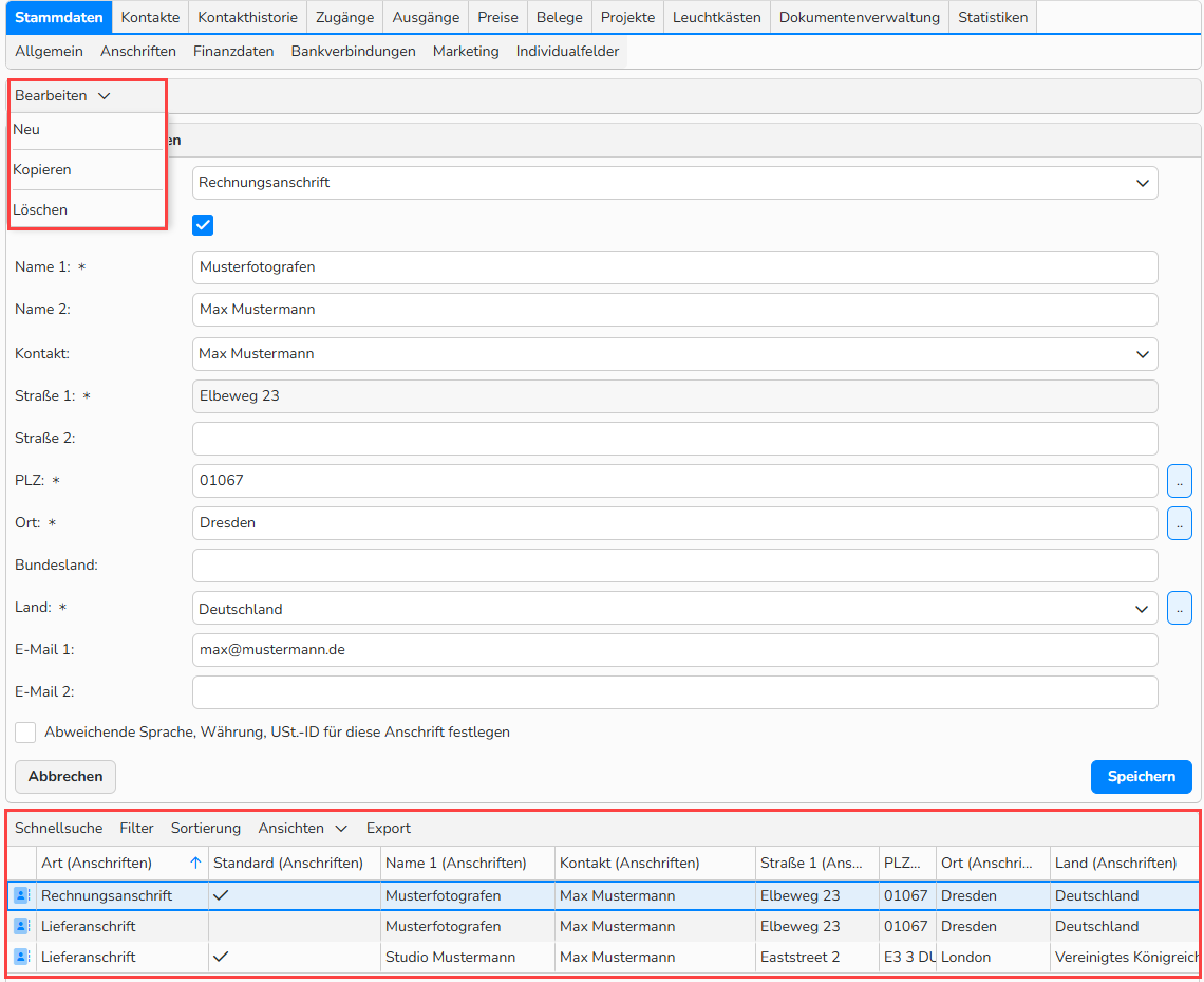 Screenshot eines Stammdatensatzes eines Benutzers. Es werden UI-Elemente zum Bearbeiten der Anschriften angezeigt.