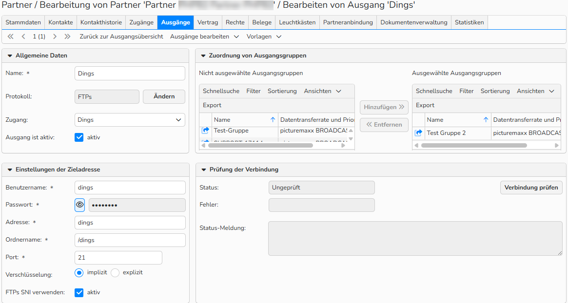 Ein Screenshot des Fensters „Einstellungen der Ausgänge für Einkaufspartner“. Die Navigationselemente zur Unterstützung der Erstellung von Ausgängen sind hervorgehoben.