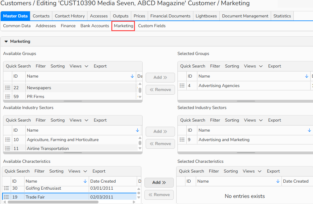 assign_marketing A screenshot of the Customer master data window showing the Marketing subtab. UI elements to assign marketing groups, industry sectors, or characteristics are shown.