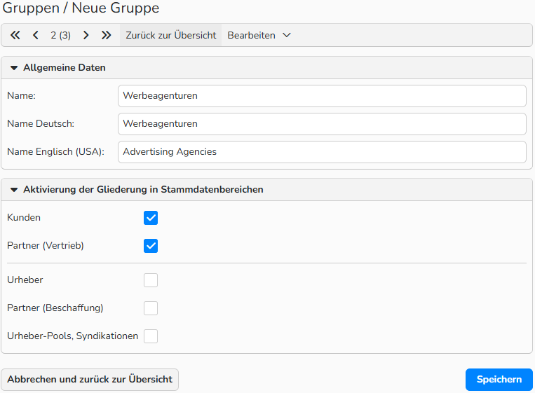 Ein Screenshot des Fensters zur Einrichtung einer Marketinggruppe. Es werden UI-Elemente zum Benennen der Gruppe und zum Zuweisen zu Stammdatenbereichen (Kunden, Partner, Autoren) angezeigt.