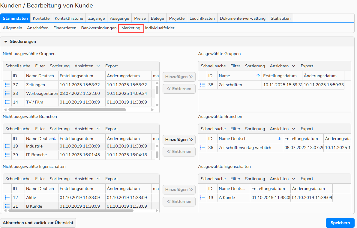 Ein Screenshot des Fensters „Kundenstammdaten“ mit dem Sub-Tab „Marketing“. Es werden UI-Elemente zum Zuweisen von Marketinggruppen, Branchen oder Merkmalen angezeigt.