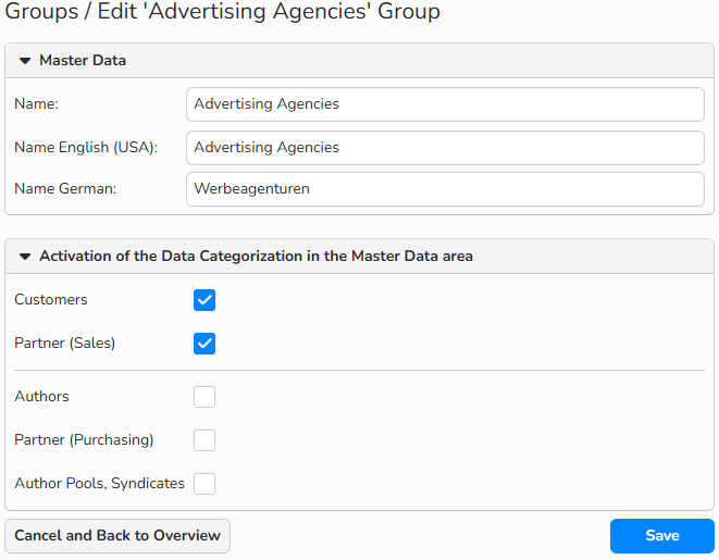 marketing A screenshot of a marketing group setup window. UI elements to name the group and assign it to master data areas (Customers, Partners, Authors) are shown.