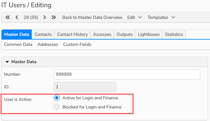 Screenshot of a master data record window for Administration user. UI elements to activate and deactivate user are highlighted.